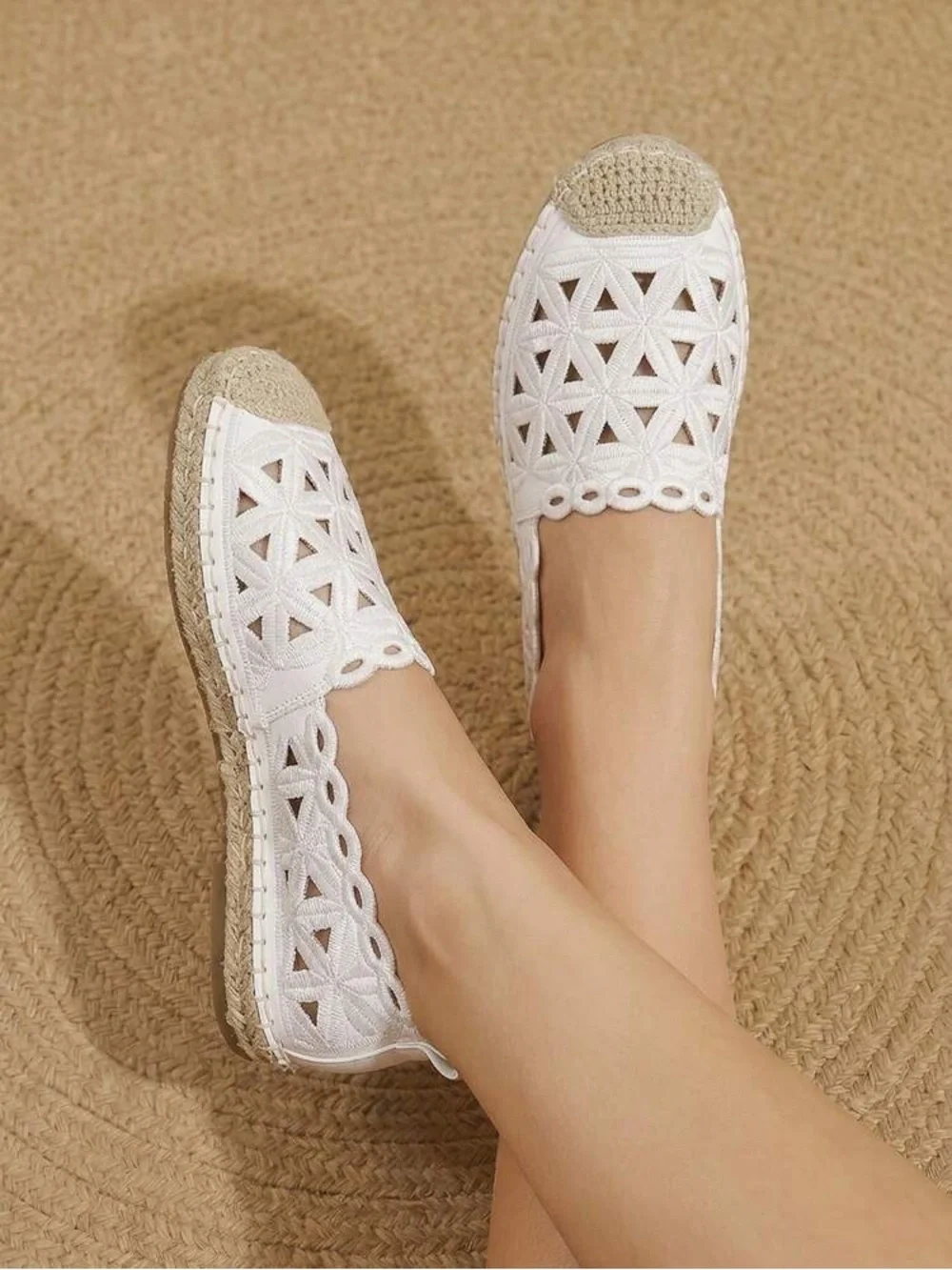 StyleLoop Beachy White Woven Jute Cutout Espadrille Sandals Flats 6.5 Shoes